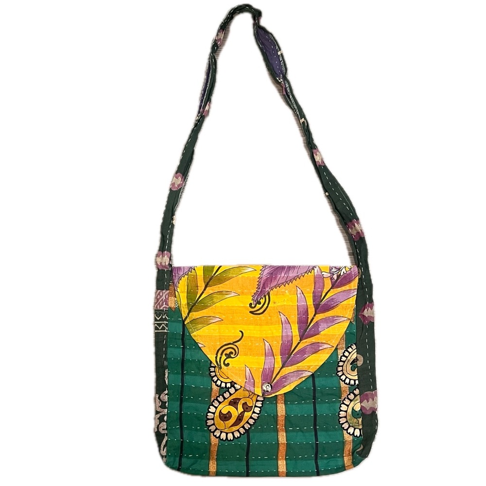 Indian Quilt Quilted fabric floral purse satchel boho bohemian green yellow